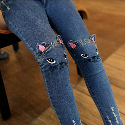 Cute Cartoon Pattern Kids Jeans Spring Autumn Winter Lovely Cat High Quality Children Pants Casual Trouses Baby Girls Jeans.