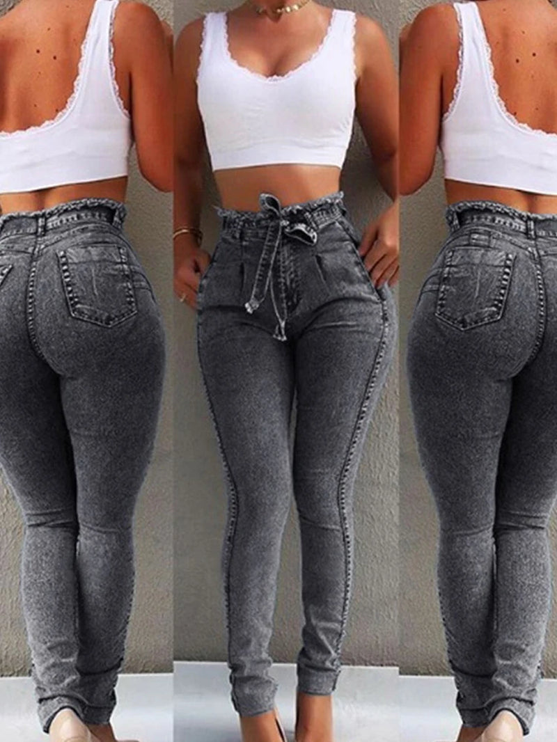 High Waist Jeans for Women Slim Stretch Denim Jean Bodycon Tassel Belt Bandage Skinny Push up Jeans Woman Clothe 4XL 5XL.