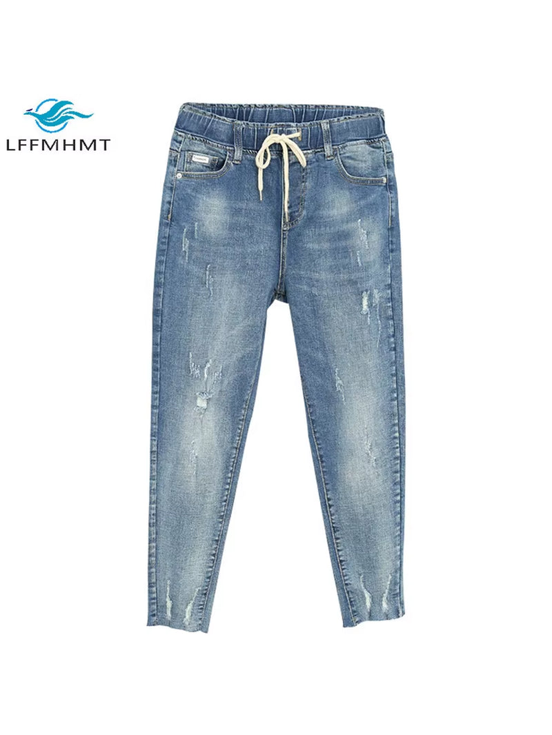 Women Summer Autumn Baggy Elastic Waist Jeans Korea Style Ripped Pants Female 100KG Loose Harem Trousers Cloth.