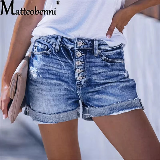 Summer Women Sexy High Waist Jeans Ripped Casual Slim Female Fashion Elastic Blue Buttons Washed Short Denim Shorts.