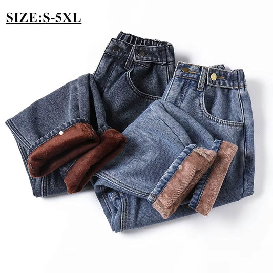 2022 Winter New Women'S Warm Thick Jeans Fashion Loose Vintage Blue High Waist Jeans Mom Denim Ankle-Length Pants 4XL 5XL.