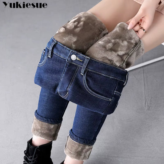 Thick Winter Warm Skinny Jeans for Women Female High Waist Velvet Denim Pants Streetwear Stretch Trousers Clothes.