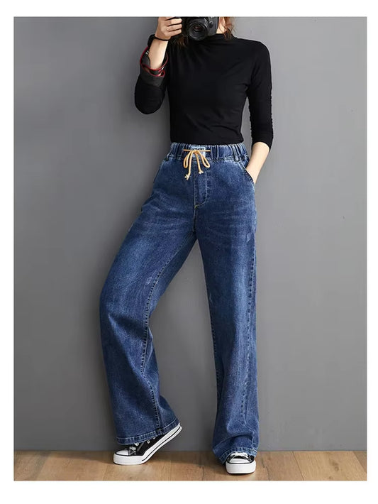 OYS 202 Elastic High Waist Women Denim Pants Office Lady Korean Simple Casual Loose Jeans Female Solid Color Vintage Trousers.