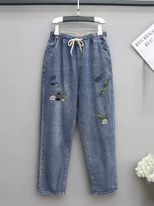 8265 Women Fashion Korea Style Cartoon Cat Embroidery Baggy Elastic Waist High Waist Denim Cropped Pants Female Harem Jeans.