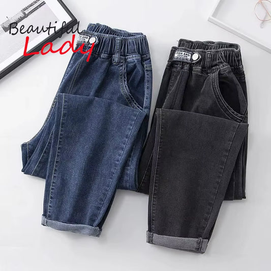 XL-4XL Spring Autumn Large Size Harem Jeans Woman High Waist Elastic Denim Pants Women Baggy Mom Jeans Vaqueros Mujer.