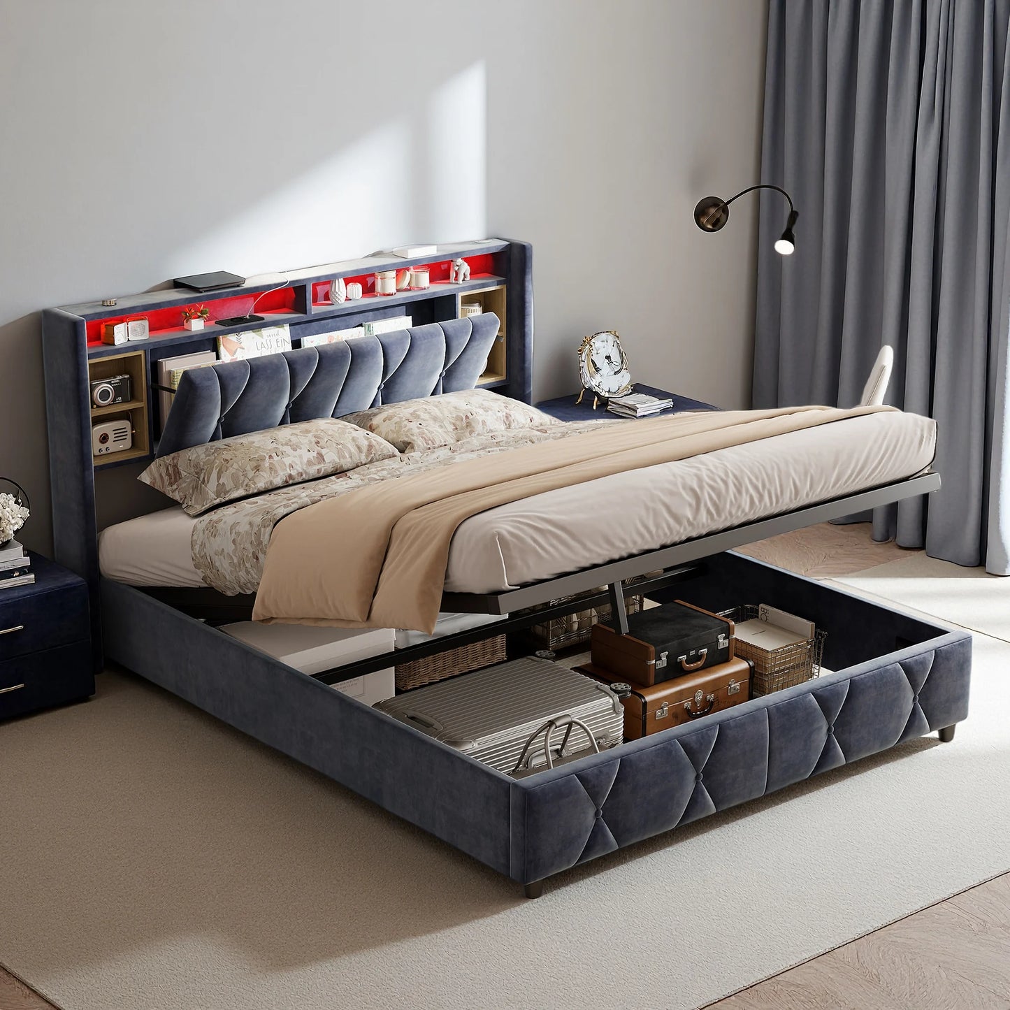 UrbanLuxe Bettgestell 140x200 cm mit LED-Lichtleiste und Dual-USB-Ladeanschluss, Bett mit Stauraum, Lattenrost, Samt, grau