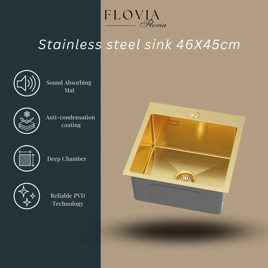 Gold PVD Stainless Steel Kitchen Sink 46x45cm Single Bowl with Faucet Hole, Overflow, Drain Kit, Top mount Design