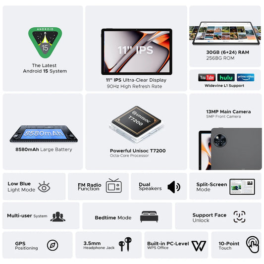 Global Version DOOGEE U11 Pro Android 15 Tablet 30GB(6+24) 256GB 11" HD 90Hz Display 8580mAh Battery Unisoc T7200 Widevine L1.