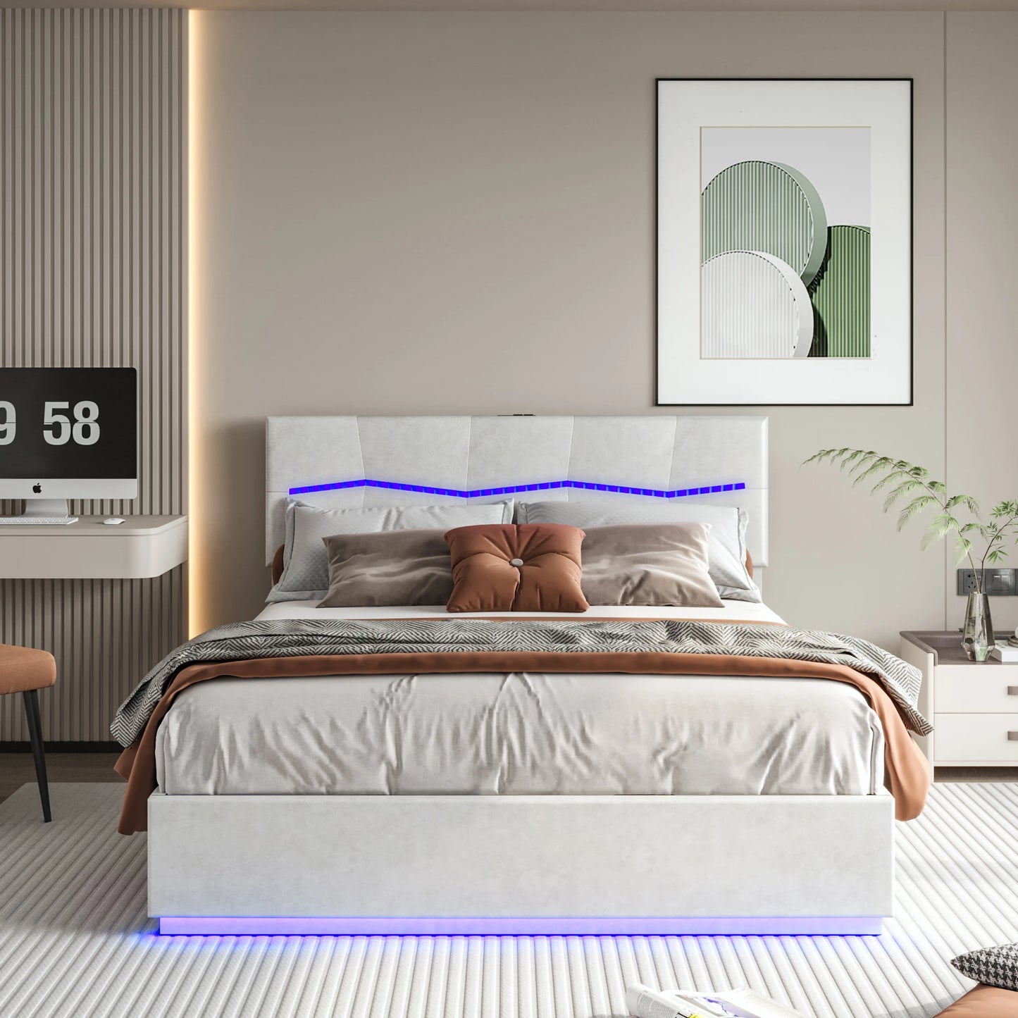 ROSAHQNDA Polsterbett, LED-Doppelbett mit USB-Station, verstellbares Kopfteil, Bettgestell, Betten mit Stauraum, PU, ohne Matratze