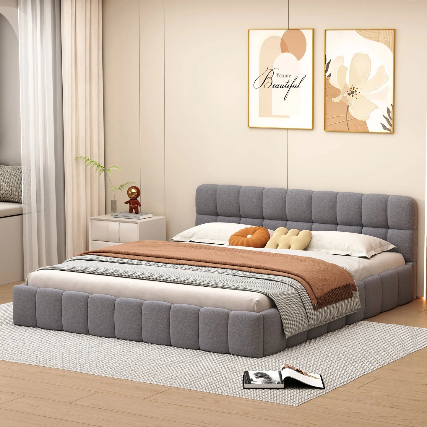 Rosahqnda Polsterbett Standdoppelbett mit weicher Rückenlehne, Flachbett mit Polsterrand, Lattenrost,Leinen, ohne Matratze