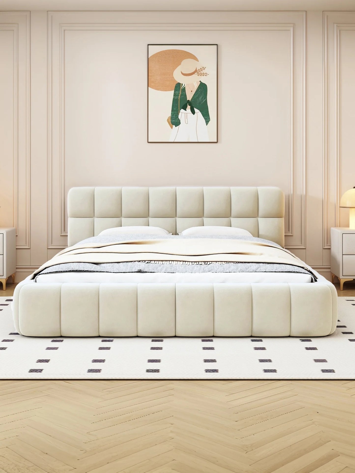 Doppelbett, gepolstertes Bett, Blasenbett mit Lattenrost, 2-Personen-Betten mit Kopfteilrahmen, niedriges Bett