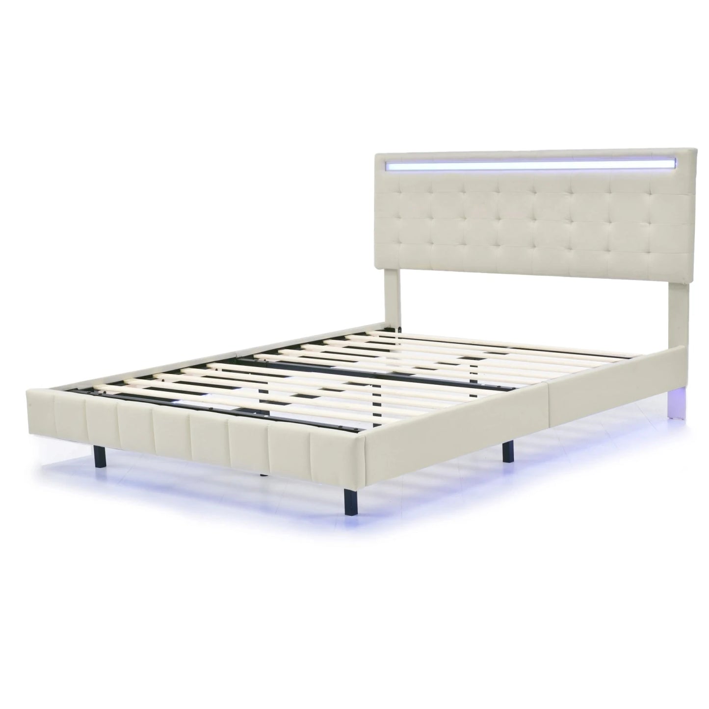 Rosahqnda Polsterbett 140/160x200cm, Doppelbett mit LED, 2 USB, schwebender Bettrahmen, Holzlattenrost, graues Leinen