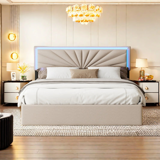 ROSAHQNDA Gepolstertes Doppelbett 140/160 x 200 cm, LED-Aufbewahrungsbett mit Schubladen, mit Kopfteil und Lattenrost, ohne Matratze