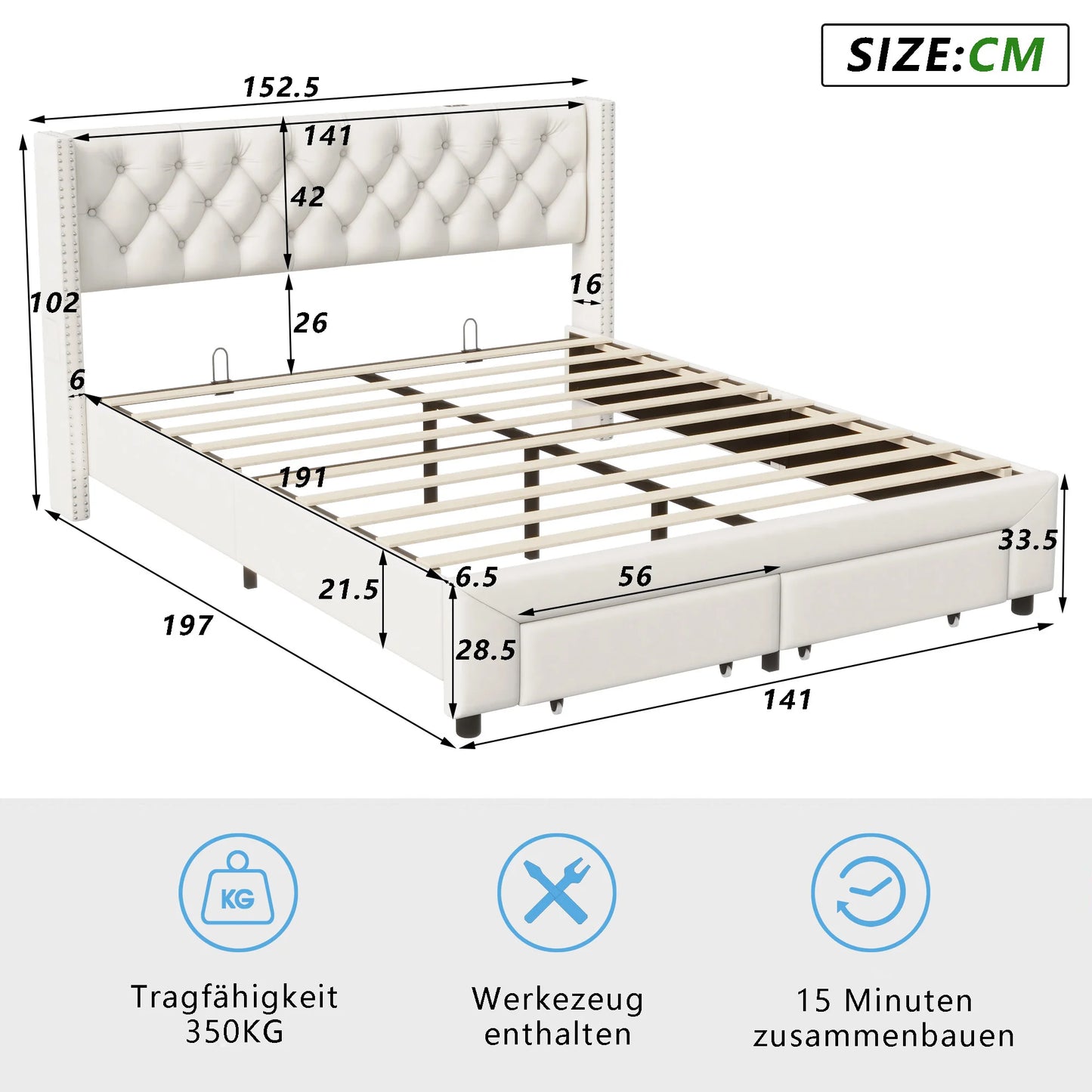 Rosahqnda Modernes Doppelbettgestell, 140 x 190 cm, Bett mit Stauraum, 160–180 x 200 cm, mit LED, USB und 2 Schubladen, Teenagerbett, Gästebett, Samtbeige