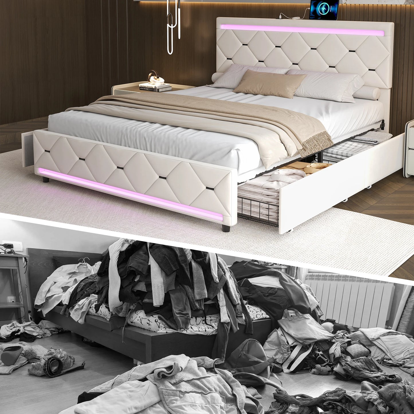 Comanlai 160 x 200 cm Polsterbett, mit USB-Ladefunktion und LED-Kopfteil und 4 Schubladen, ohne Matratze, Samt, gebrochenes Weiß