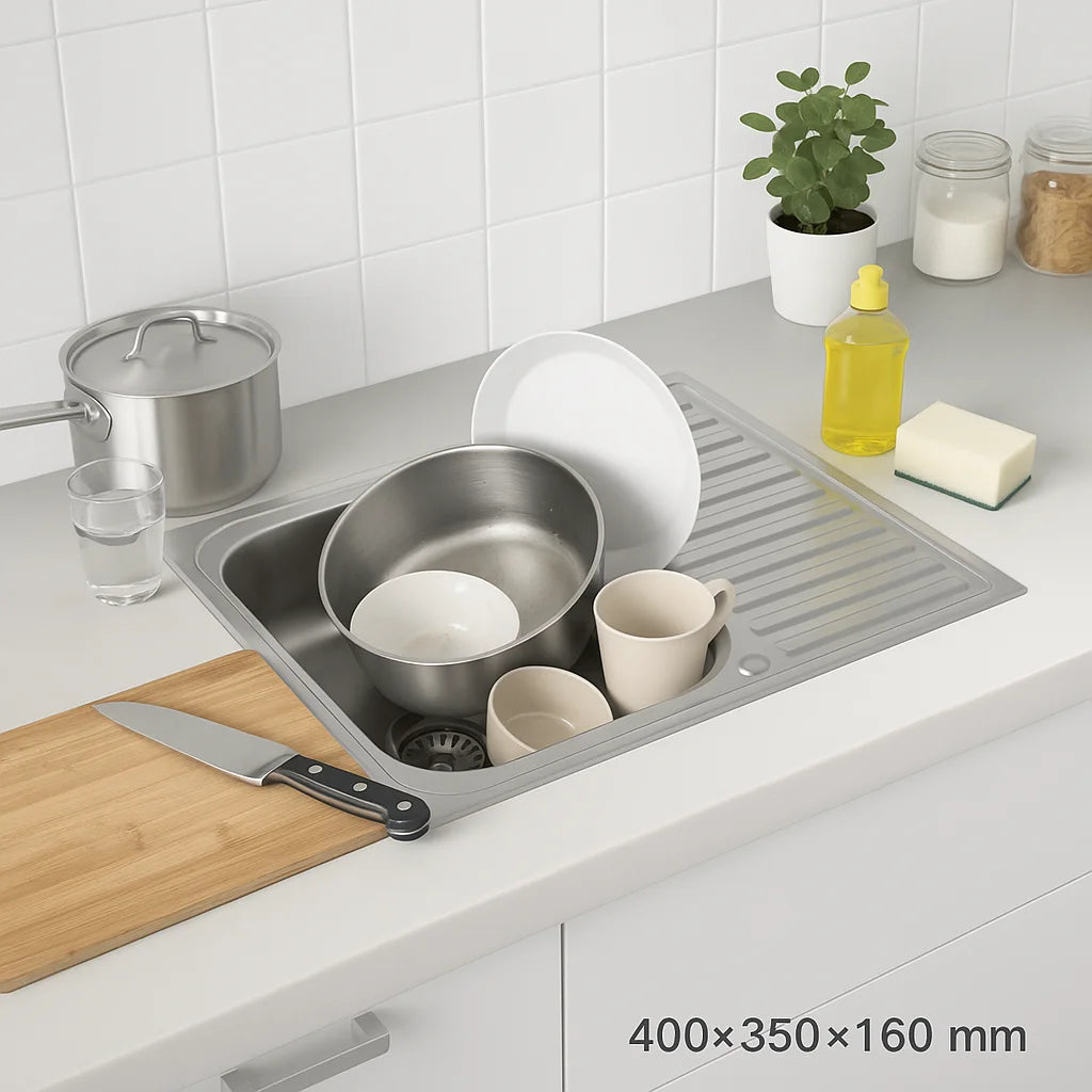 80 x 50 cm große Küchenspüle aus Edelstahl, Einzelschüssel mit Wasserhahnloch und Abtropffläche, Silber, linke/rechte Option