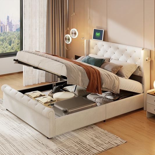 Doppelbett 140 x 190 cm mit LED-Beleuchtung und USB-Ladeanschluss, gepolsterte Doppelbettbetten mit Stauraum und Lattenrost, Samt, Beige