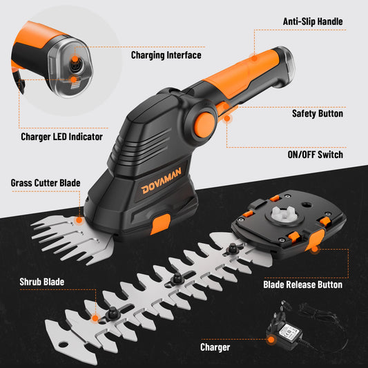 DOVAMAN 7,2 V Akku-Rasenschere, Griff mit drei Positionen, 80-Minuten-Schnellladung, 1500 mAh Akku, kompakte elektrische Schere