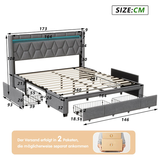 Comanlai Upholstered Bed,160 x 200 cm,with LED Headboard and USB,with 4 Storage Drawers, without Mattress, Linen Grey