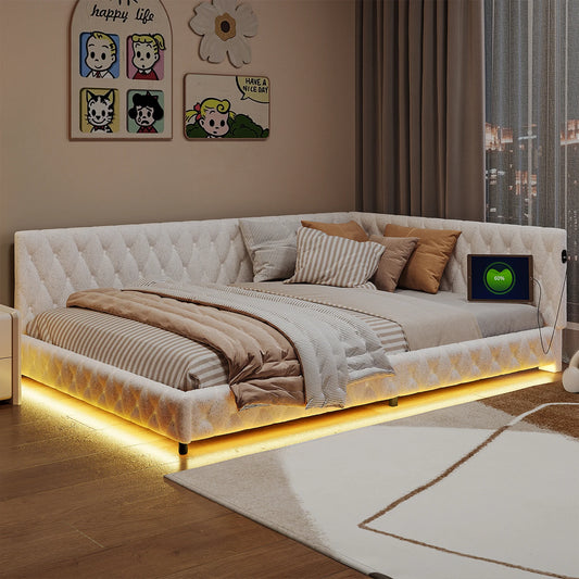 ROSAHQNDA Schlafsofa 140*200cm, modernes LED-Doppelbettgestell mit USB-Ladeanschlüssen, komfortables Plüschmaterial, ohne Matratze