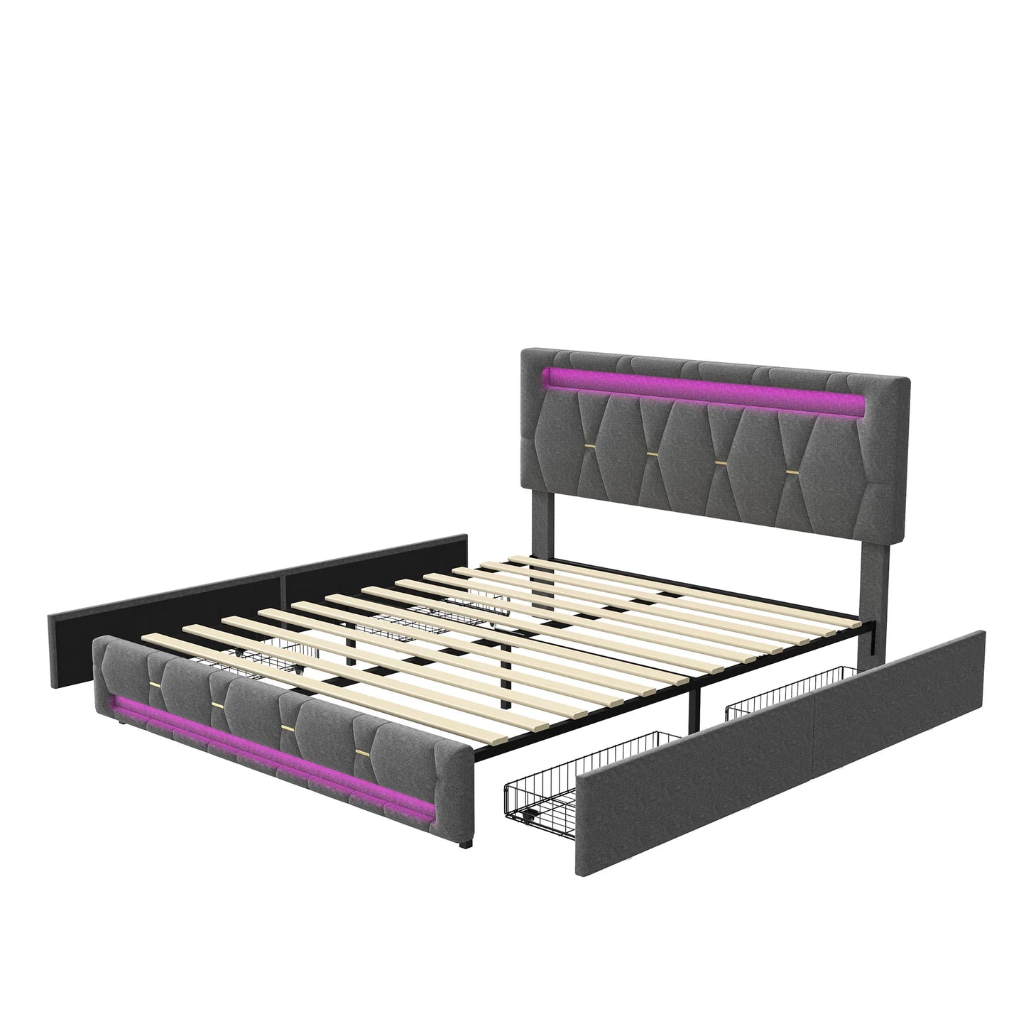 Rosahqnda Polsterbett 140 x 200 cm, Doppelbett mit LED-Beleuchtung, 4 Schubladen und Lattenrost, USB-Ladefunktion, hydraulisches Bett