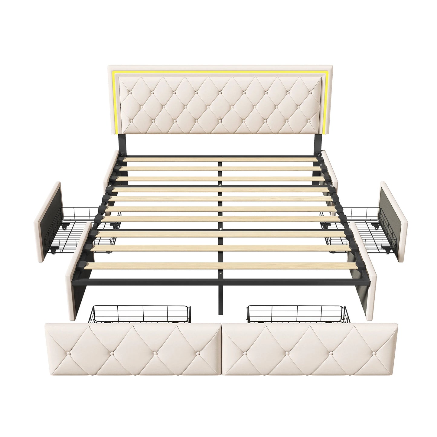 WoodenAura Polsterbett 160x200 cm mit LED-Beleuchtung, Doppelbett mit 4 Schubladen, Bett rahmen mit Lattenrost, keine Matratze