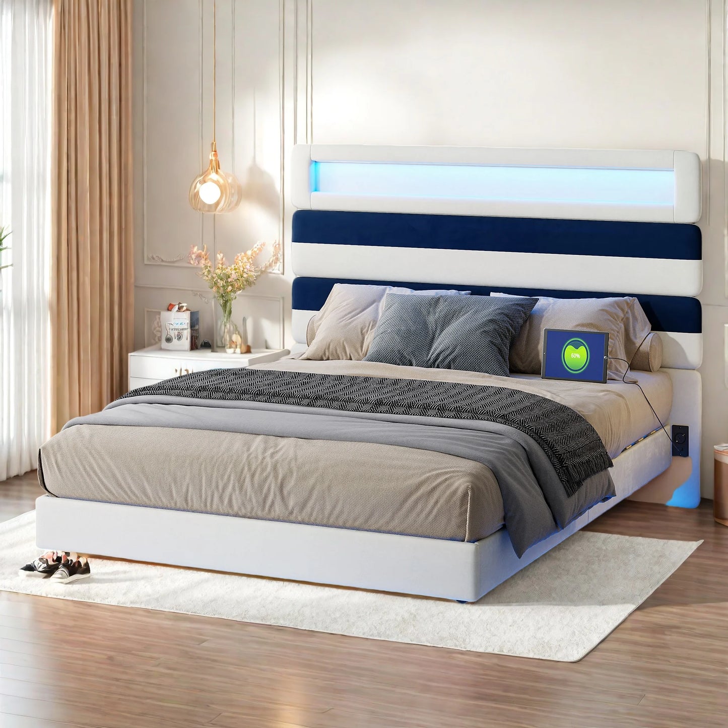 Anajqaqia 140 x 190 cm gepolstertes Bett, Doppelbett mit USB-Ladeanschluss, Kopfteil und Unterbett mit Lichtleiste, Samt