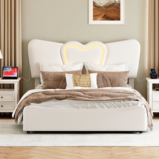 Doppelbett 140x200, LED Stauraumbett mit Lattenrost, Hydraulisch Polsterbett aus Kopfteil Höhenverstellbar, Herzform Kopfteil