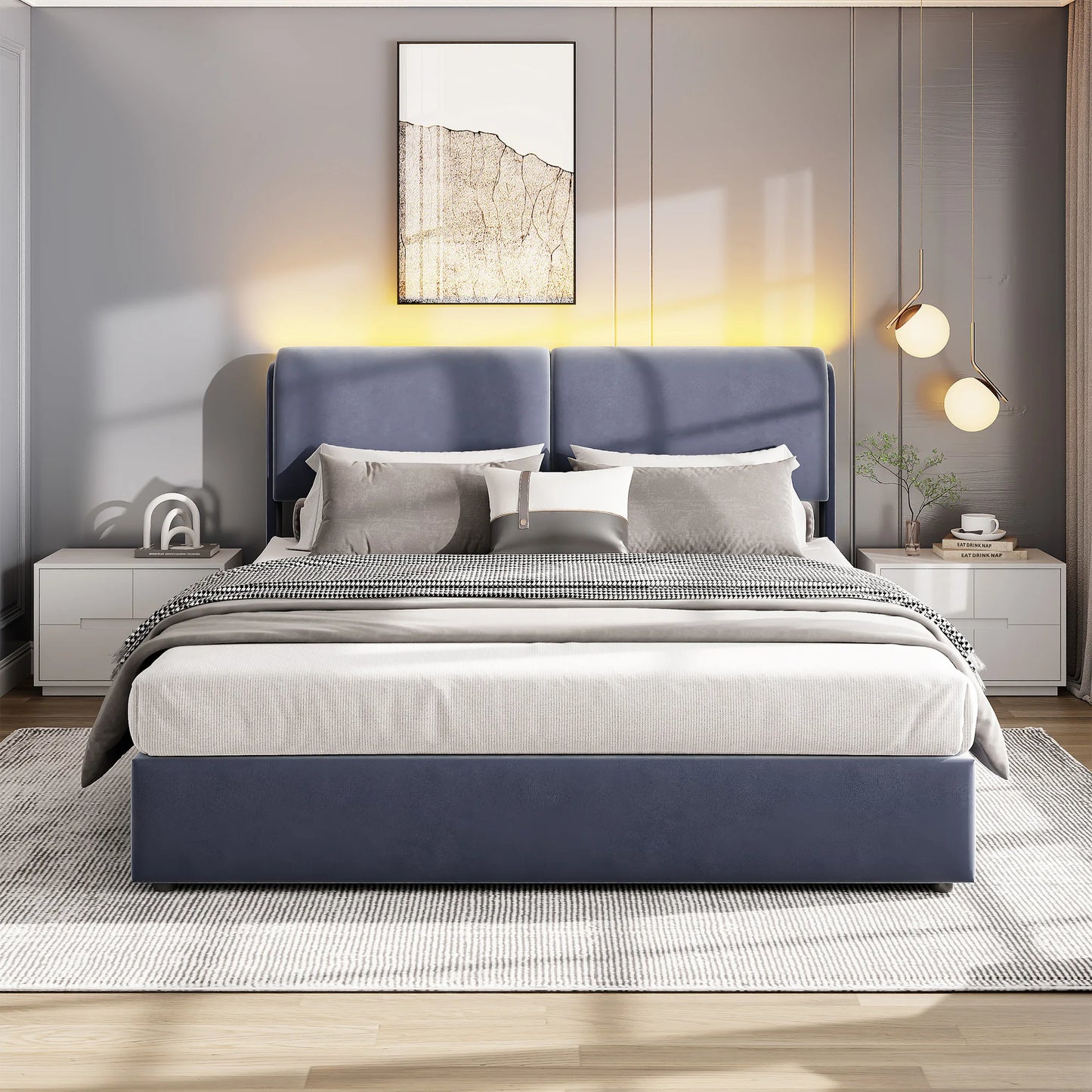 Comanlai Polsterbett, 160 x 200 cm, mit Lattenrost und Stauraum, hydraulisches LED-Bett mit Stauraum, ohne Matratze, Samt, Grau