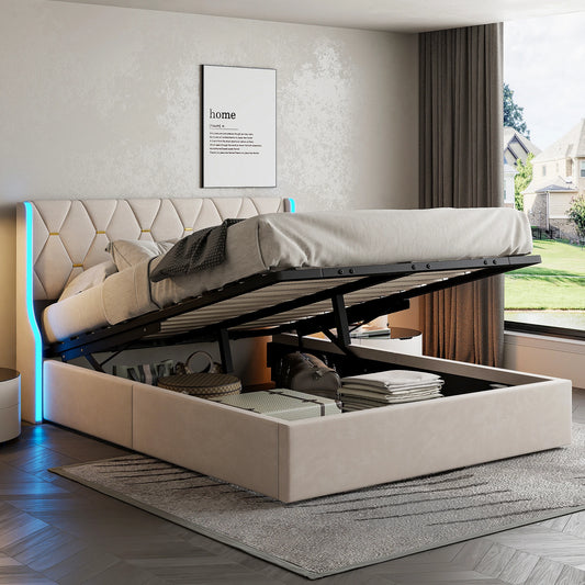 Bett 140x200 cm, Polsterbett mit Hydraulischem Stauraum und LED-Kopfteil, Doppelbett Stauraumbett mit Lattenrost, Funktionsbett