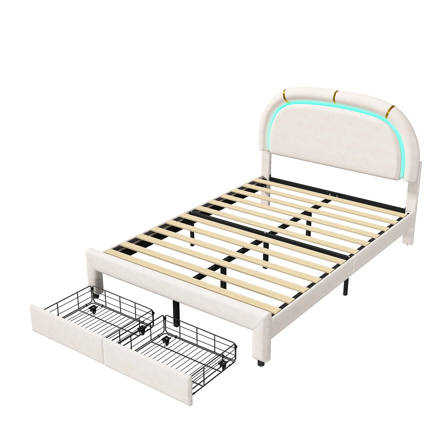 Comanlai 140 x 200 cm Polsterbett, mit Lattenrost aus Holz, mit LED und 2 Schubladen, ohne Matratze, Jugendbett, Samt, Beige
