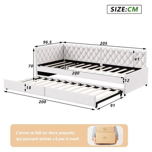 Rosahqnda gepolstertes Tagesbett 90 x 200 cm mit ausziehbarem Bett, Einzelbett, Schlafsofa, Tagesbettgestell mit Lattenrost