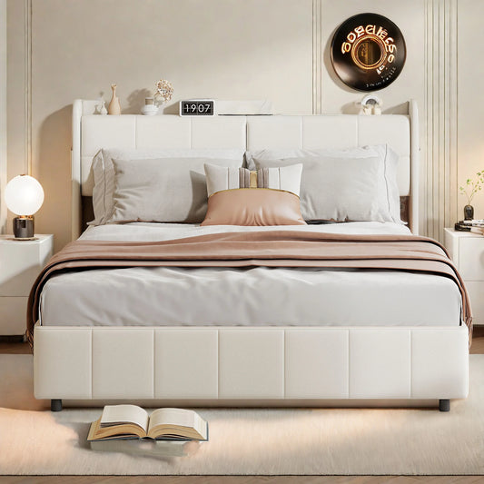 WoodenAura Doppeltes Polsterbett 140x200CM mit 4 Schubladen für die Lagerung, Rückenlehne mit Lagerung und Lattenrost, PU-Leder