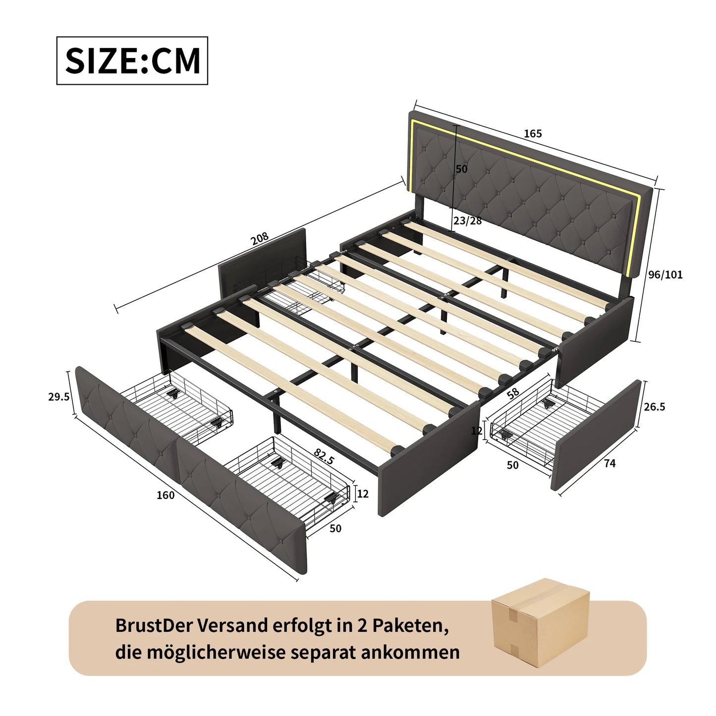 ROSAHQNDA Modernes Kunstlederbett mit Schubladen, LED-PU-Doppelbettgestell mit Stauraum, 140/160 x 200 cm, ohne Matratze