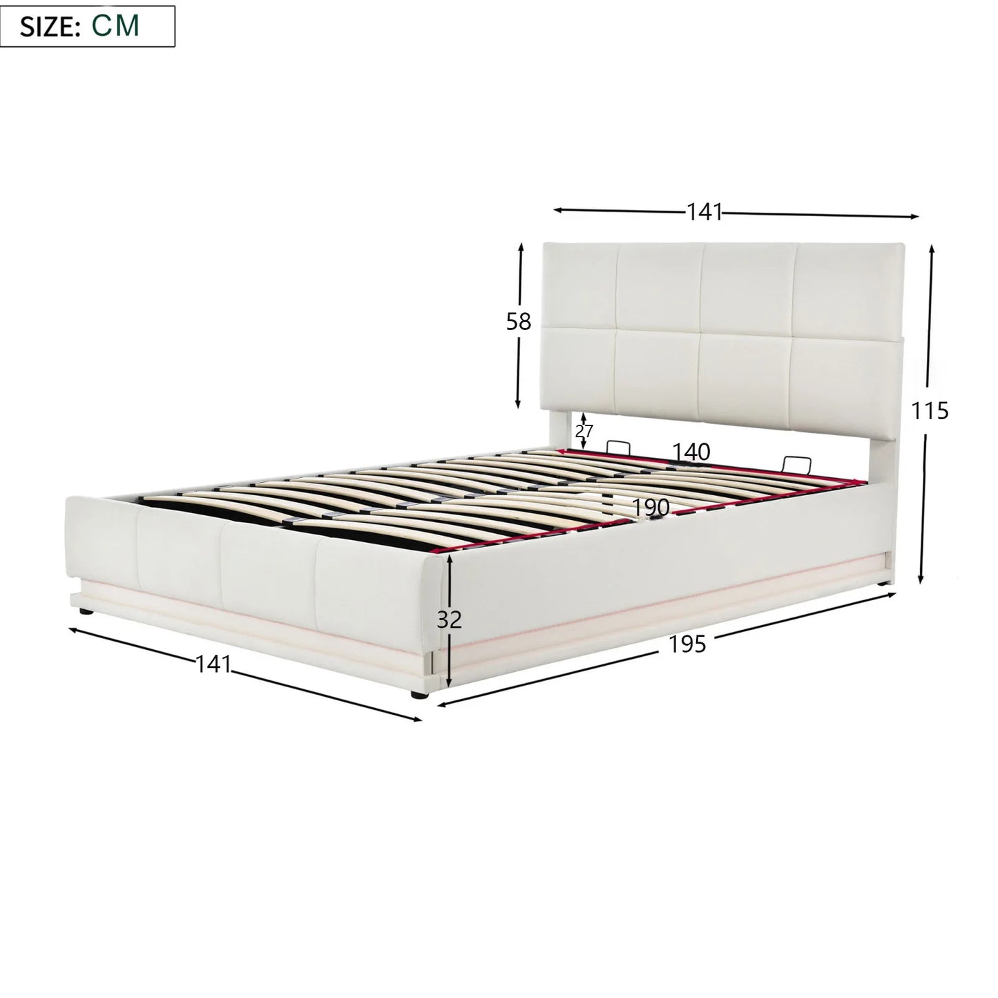 Rosahqnda Hydraulischer Doppelbettrahmen 140*190cm mit LED, Verstellbares Kopfteil, Stauraumbett 140*200cm, Polsterbett, PU
