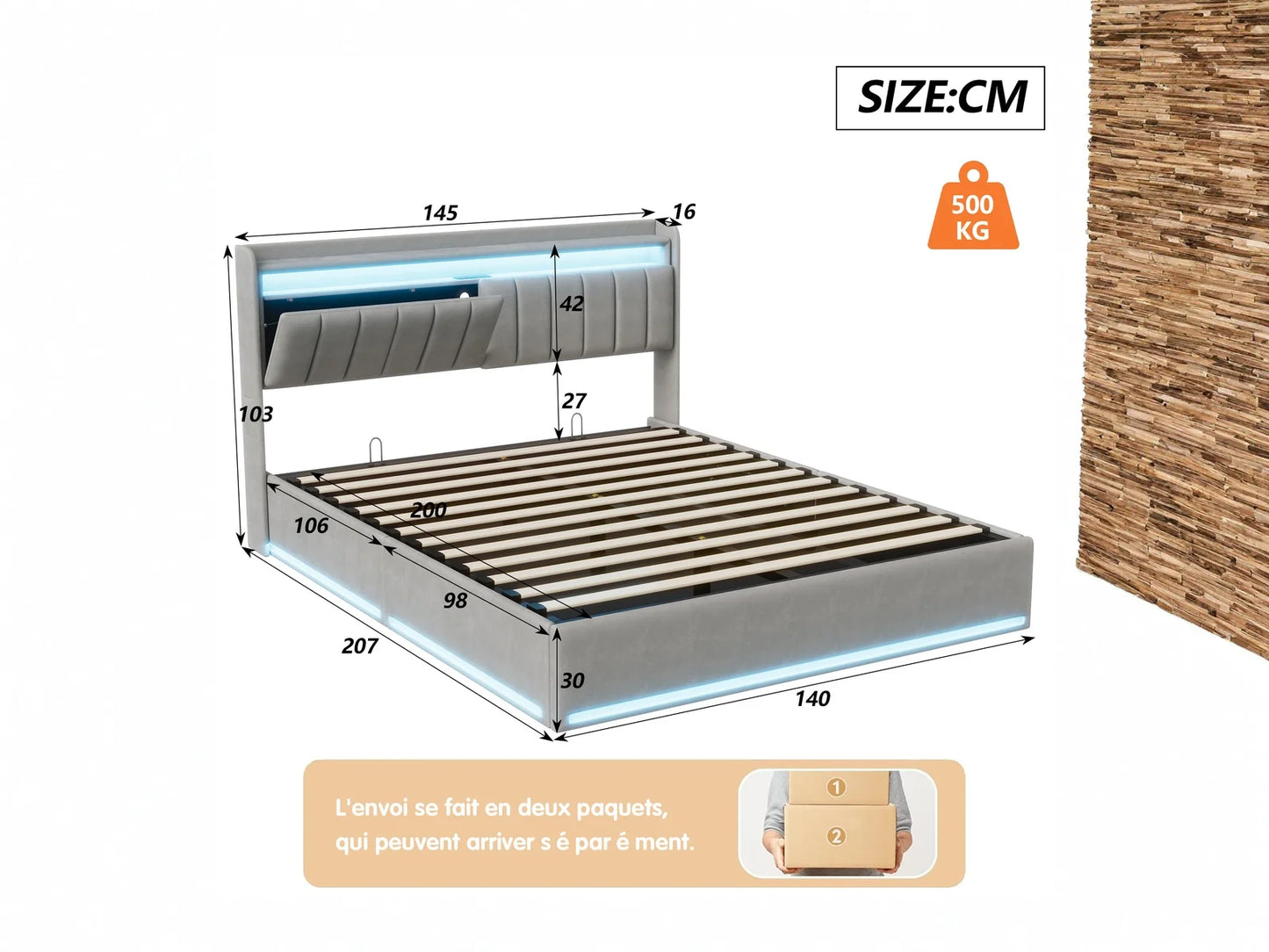 Bett 140 x cm mit LED-Box und USB, Polsterbett 140 x 200 mit LED-Licht gepolstertes Bett mit Stauraumbett 2 Personen