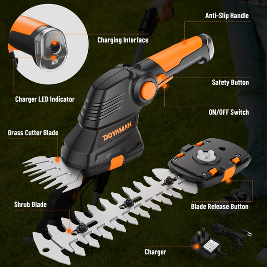 DOVAMANN 3-in-1 7,2 V Akku-Rasenschere mit Teleskopgriff, 2 Klingen (90/170 mm), zum Kanten und Gartenschneiden