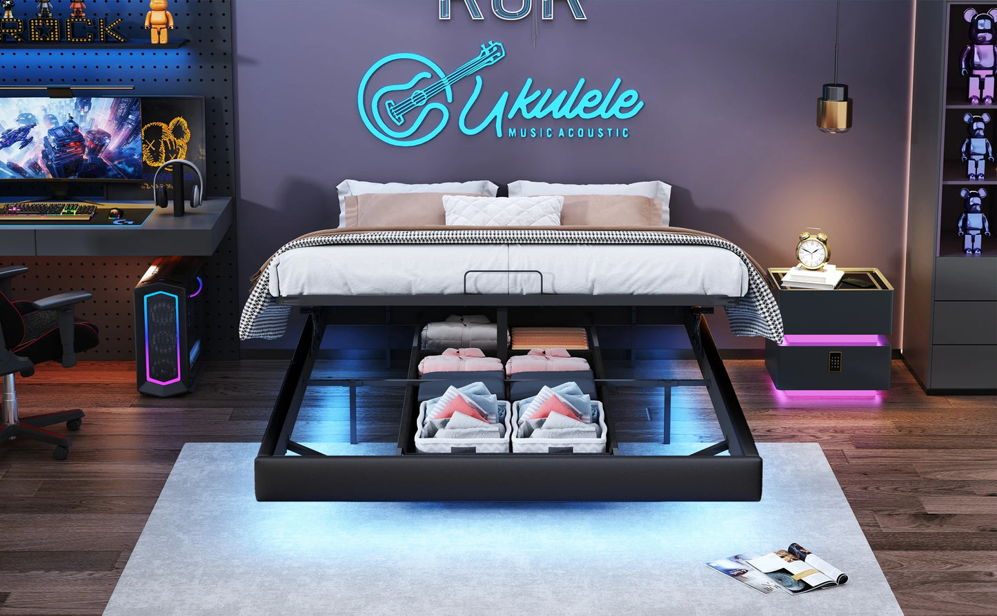 Polsterbett, 140 x 200 cm, mit Stauraum und Lattenrost, schwimmender Bettrahmen mit LED-Licht, Doppelbetten, hydraulische, PU