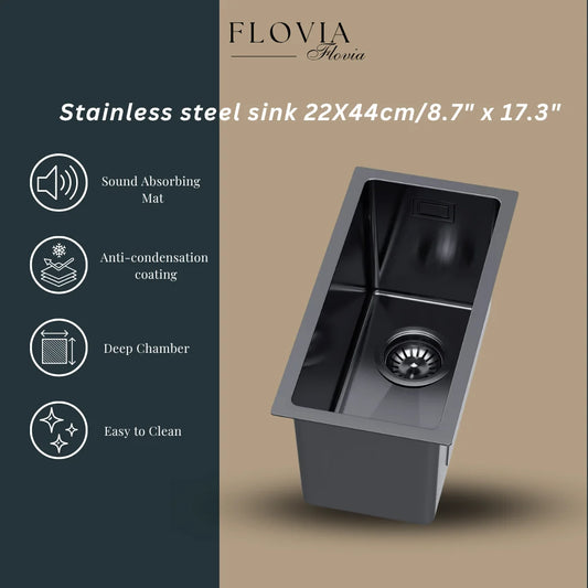 22 x 44 cm große Graphit-Edelstahl-Küchenspüle – kein Wasserhahnloch, PVD-beschichtet, oben/unter/unten/untersetzbar, mit Überlauf- und Abflussset