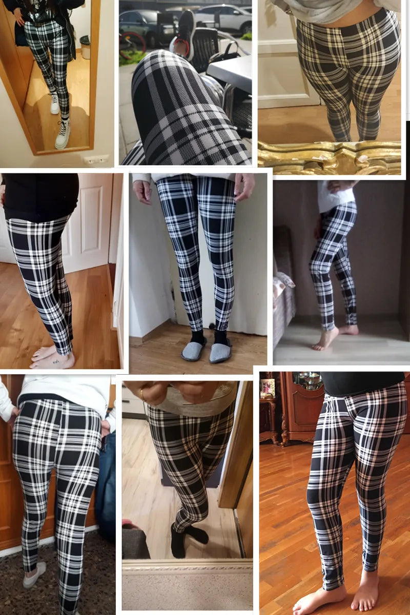 CUHAKCI Mode Plaid Druck Leggings Frauen Sexy Fitness Leggins Grid Floral Streifen Hosen Hohe Taille Bleistift Hosen