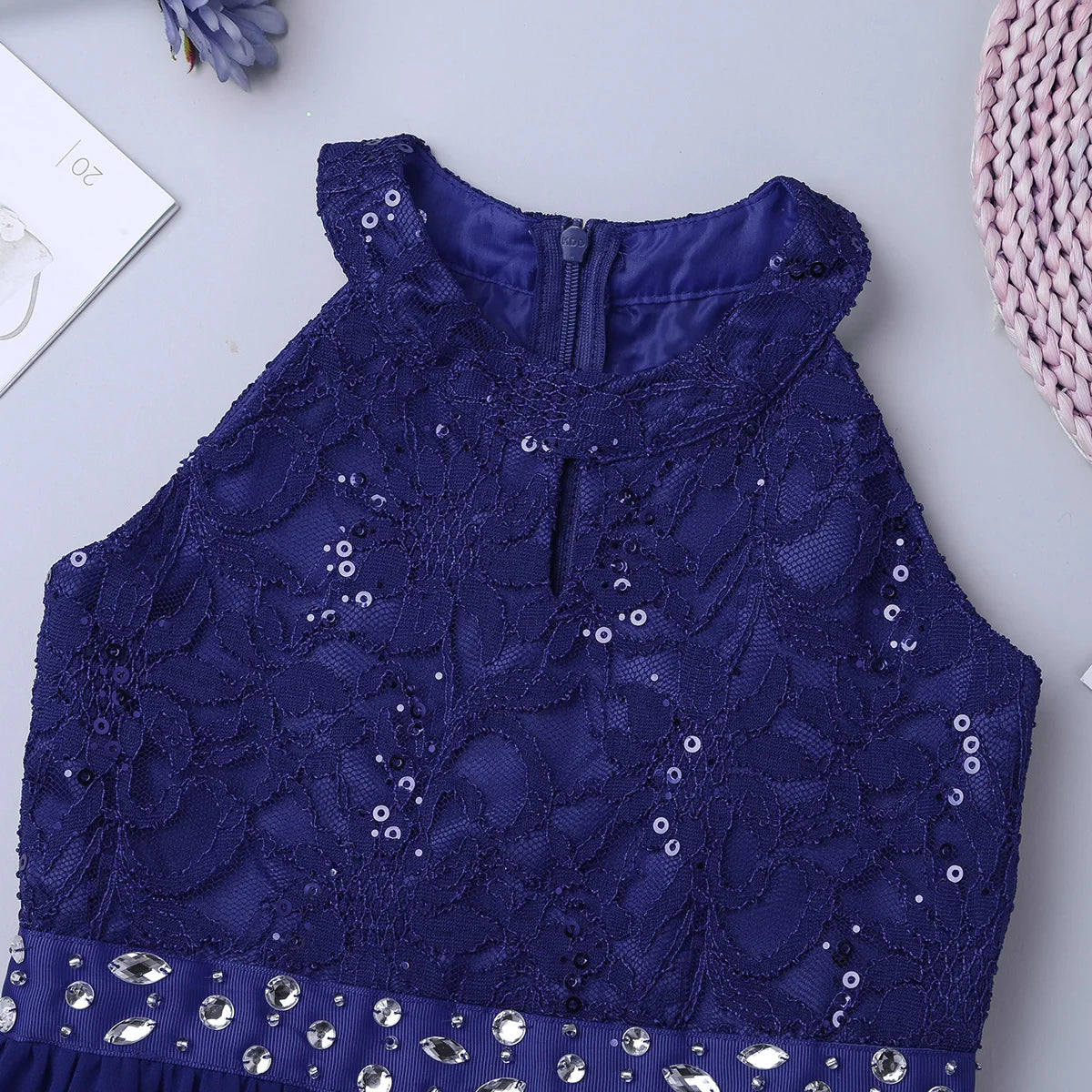 Kinder Mädchen Ärmellose Blumen Spitze Strass Party Kleid Dance Strampler für Schule Pageant Geburtstag Hochzeit Bühne Leistung