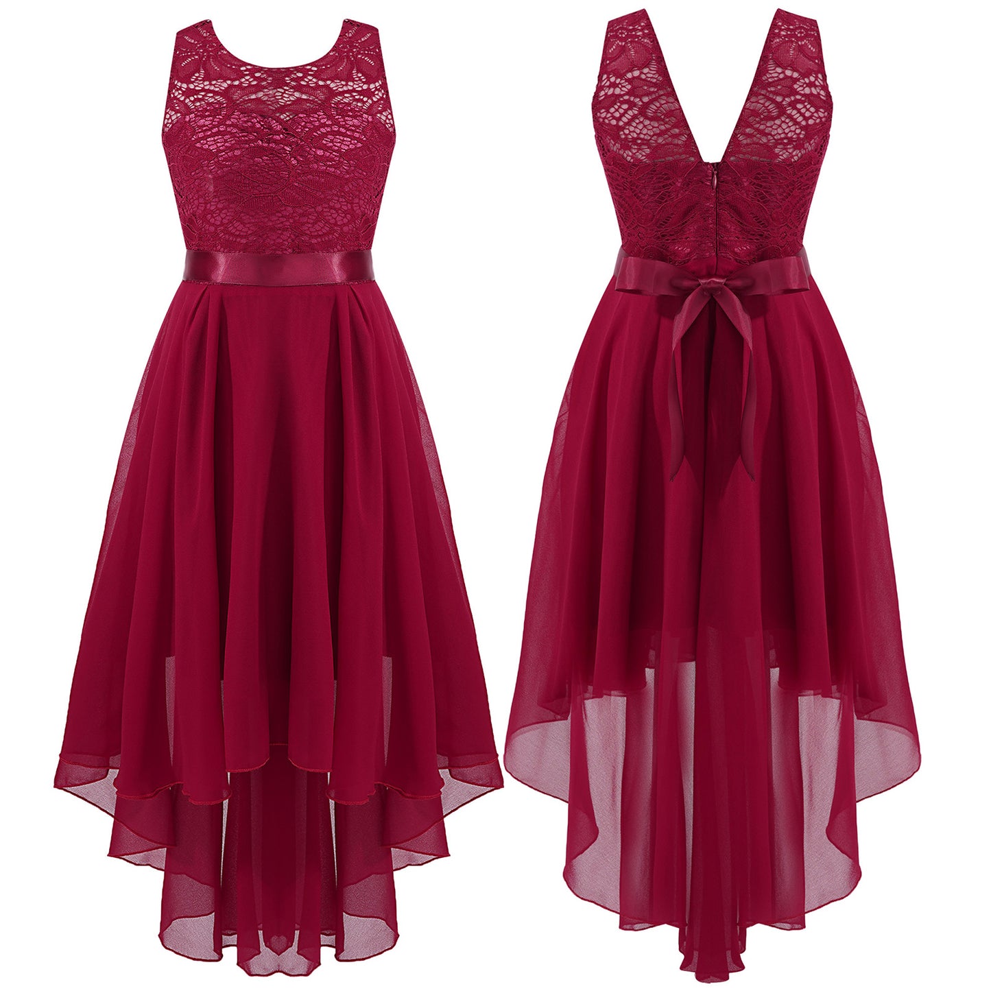 Blumenmädchen-Chiffonkleid mit floraler Spitze, Sommer, ärmellos, hoher, niedriger Saum, formelles Hochzeitskleid für Brautjungfer, Junior, Prinzessin