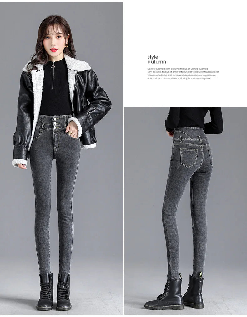 Thermische Winter Dicke Fleece High-taille Warme Dünne Jeans Dicke Frauen Stretch Taste Bleistift Hosen Mom Casual Samt Jeans