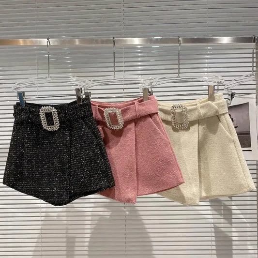2022 Spring Autumn New shiny sequins Plaid Shorts with Belt for Lady Rhinestone Bright Silk Tweed Folding Short Boots Women.