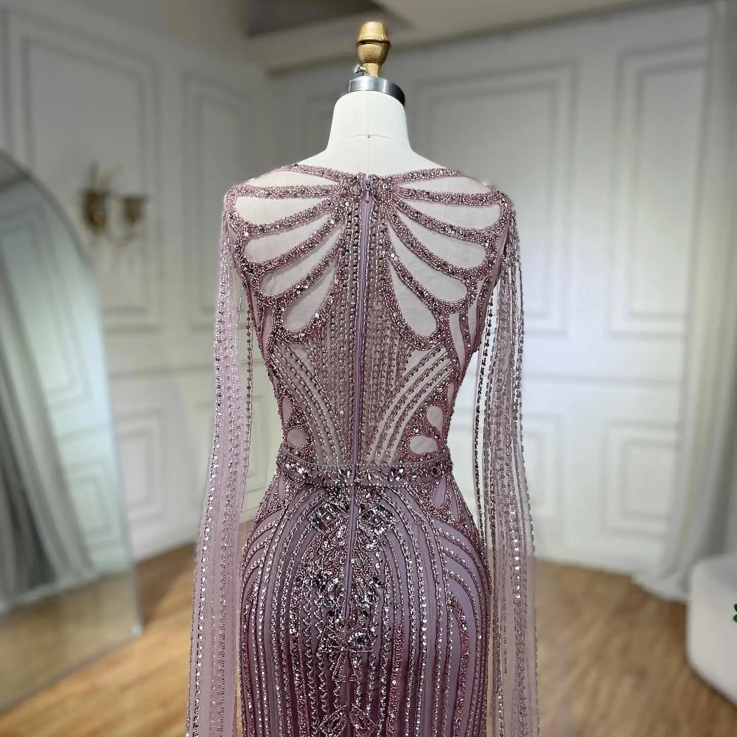 Taupe Cape Sleeves O Neck Beaded Evening Dresses Serene Hill LA70638 Mermaid Party Wear Gowns for Women