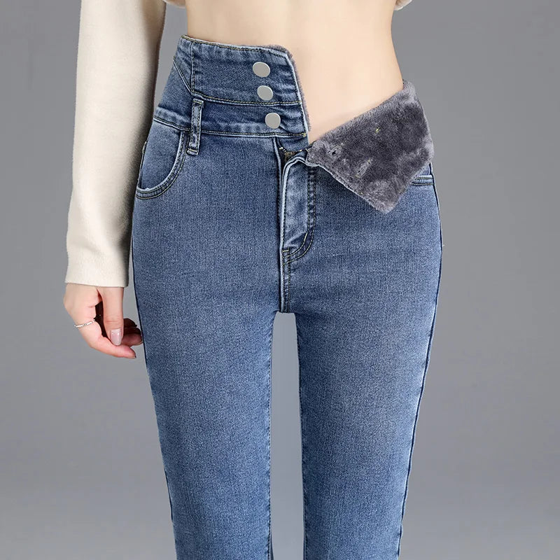 Thermische Winter Dicke Fleece High-taille Warme Dünne Jeans Dicke Frauen Stretch Taste Bleistift Hosen Mom Casual Samt Jeans
