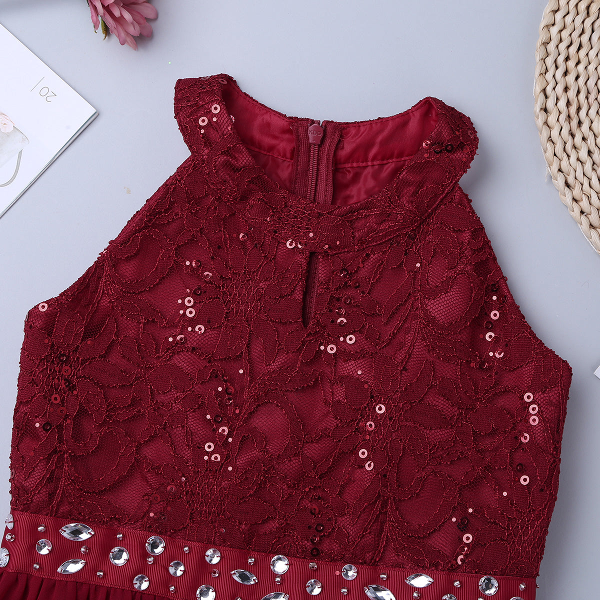 Kinder Mädchen Ärmellose Blumen Spitze Strass Party Kleid Dance Strampler für Schule Pageant Geburtstag Hochzeit Bühne Leistung