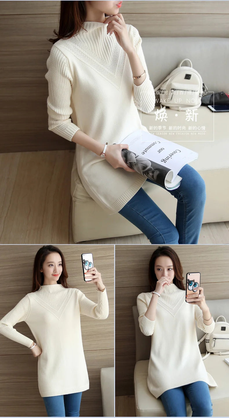 Frühling Herbst Winter Neue Rollkragenpullover Frauen Koreanische Lose Medium Lange Dicke Stricken Top Pullover Bodenbildung Pullover Ziehen