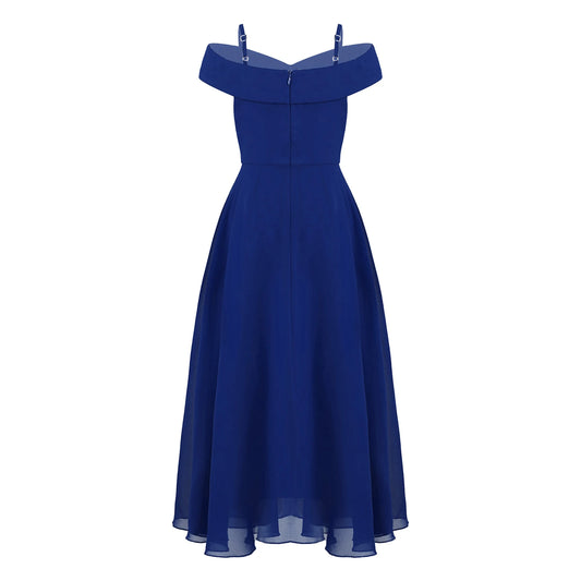Elegantes Chiffon-Partykleid für Mädchen, schulterfrei, verstellbarer Spaghettiträger, bodenlanges Maxikleid für Hochzeit, Geburtstag, Abend.
