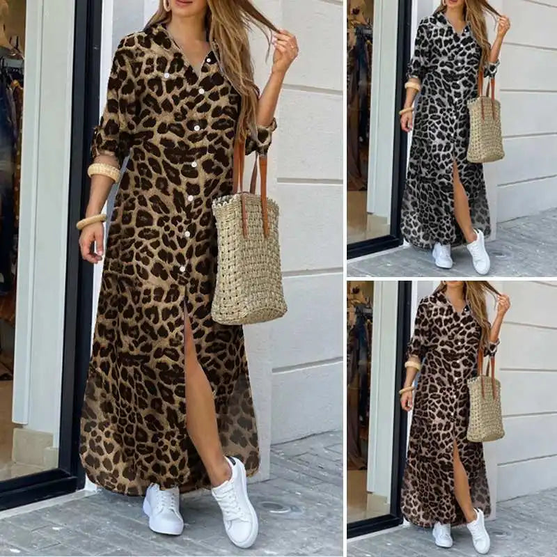 ZANZEA Party Vintage Leopard Robe Frauen 2025, Herbst Casual Langarm Maxi Lange Vestidos Kleid Mode Übergroßen Hemd Sommerkleid